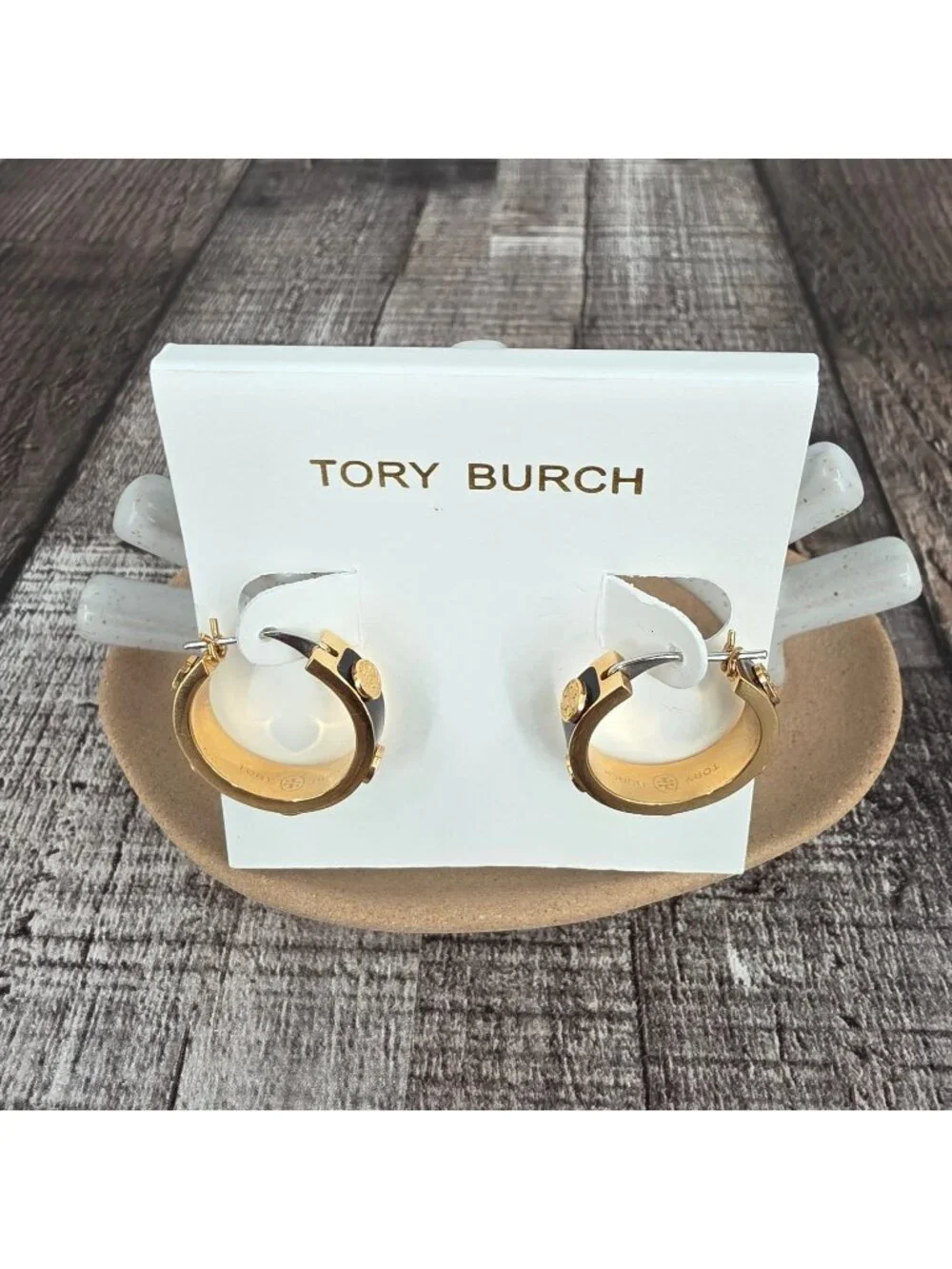Tory Burch Miller Stud Enamel Hoop Earrings Black Gold Raised Double T Logo New